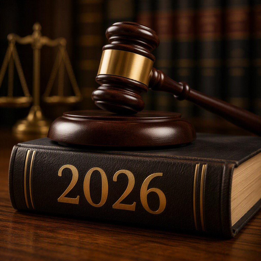Otevřená kniha zákonů s kladívkem soudce a datem 2026 na pozadí