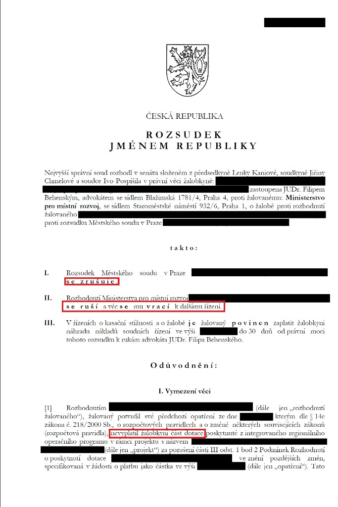 Anonymizovaný rozsudek Nejvyššího správního soudu – zrušení rozhodnutí ve věci dotace