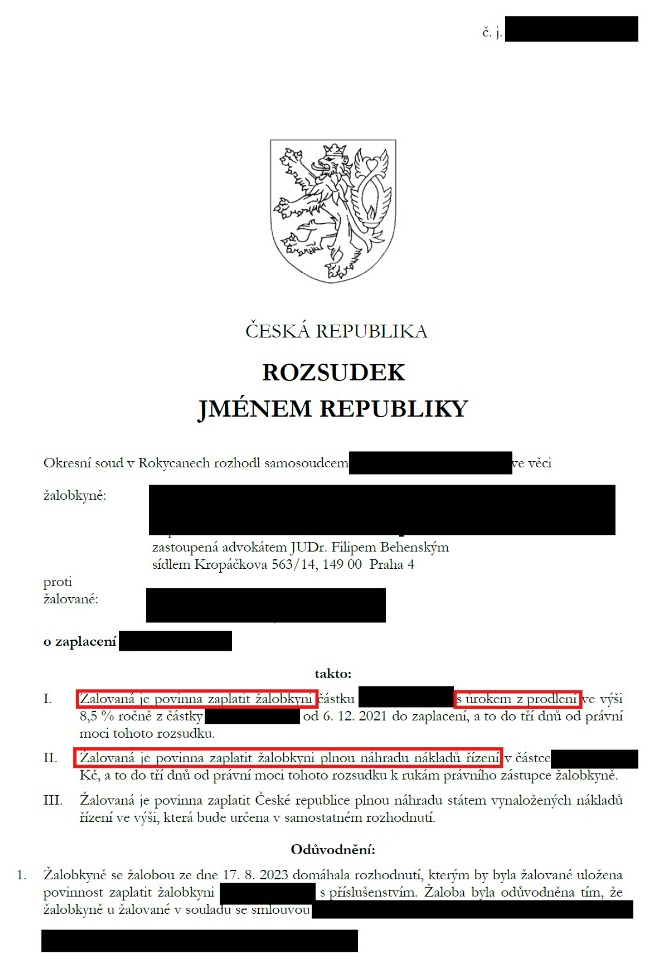 Anonymizovaný rozsudek – zaplacení pohledávky s příslušenstvím