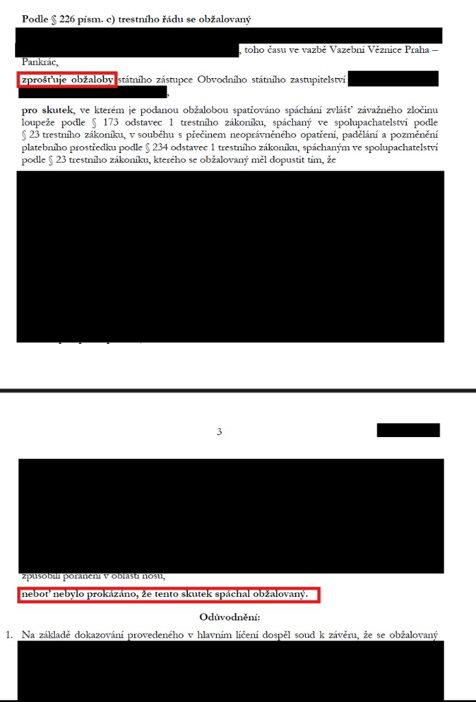 Anonymizovaný zprošťující rozsudek – obžalovaný zproštěn obžaloby